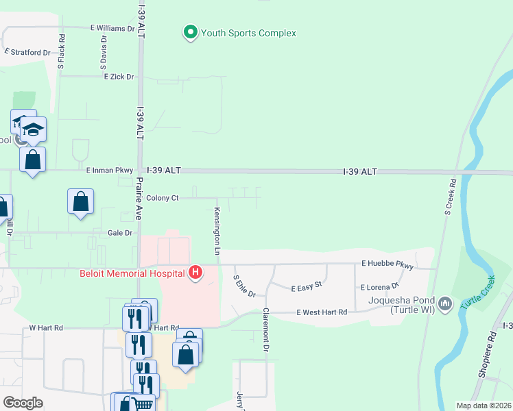 map of restaurants, bars, coffee shops, grocery stores, and more near 2116 Colony Court in Beloit