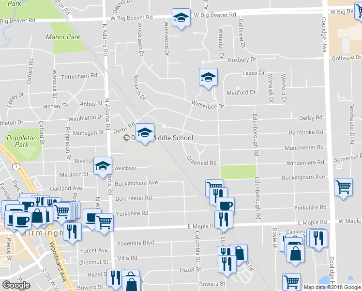 map of restaurants, bars, coffee shops, grocery stores, and more near 1654 Graefield Road in Birmingham