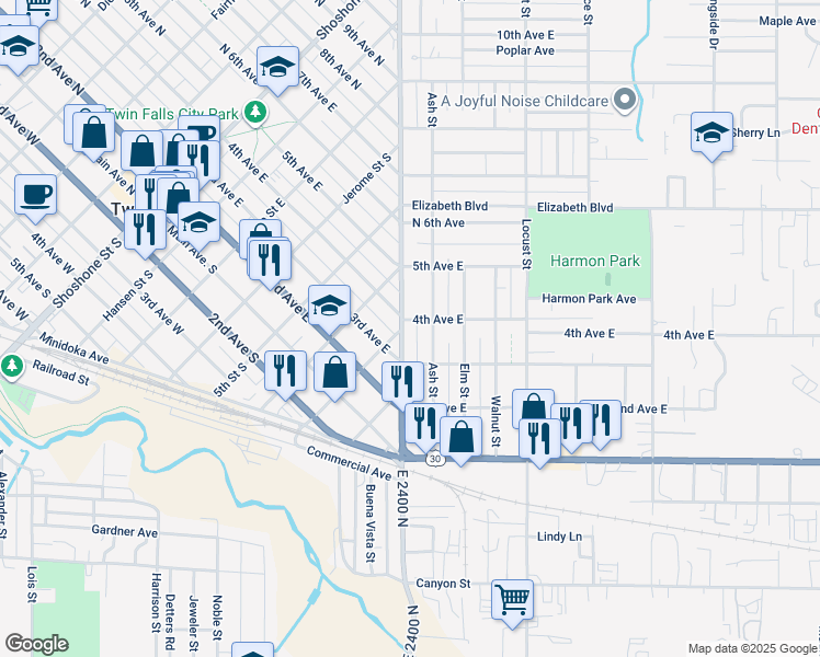 map of restaurants, bars, coffee shops, grocery stores, and more near 337 Blue Lakes Boulevard in Twin Falls