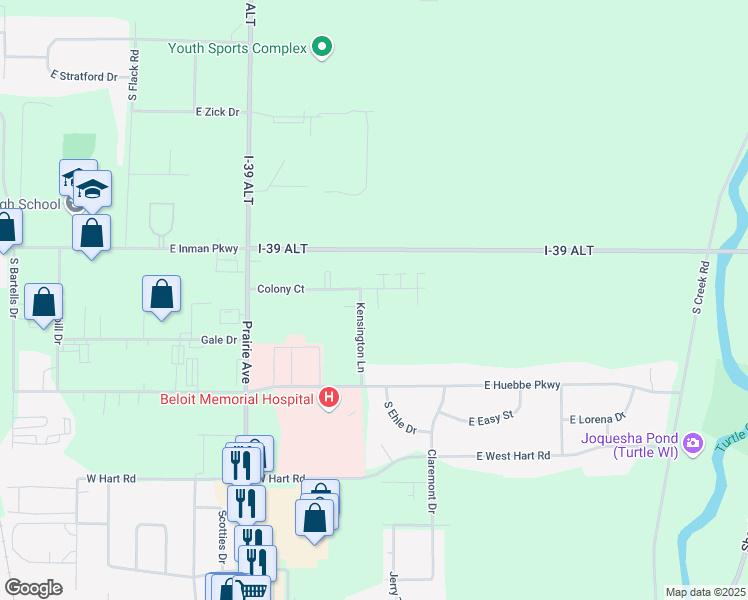 map of restaurants, bars, coffee shops, grocery stores, and more near 2086 Colony Court in Beloit