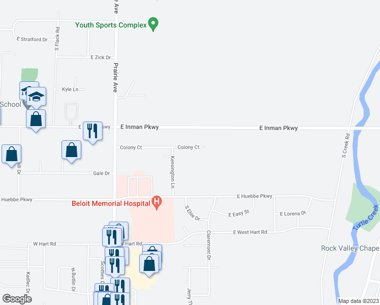 map of restaurants, bars, coffee shops, grocery stores, and more near 2086 Colony Court in Beloit