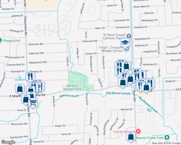 map of restaurants, bars, coffee shops, grocery stores, and more near 3074 Sobsom Drive in Sterling Heights
