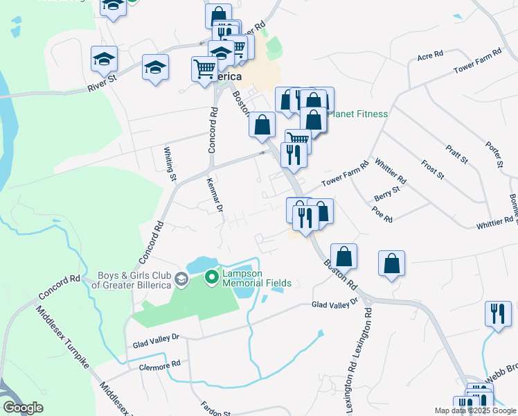 map of restaurants, bars, coffee shops, grocery stores, and more near 18 Kenmar Drive in Billerica