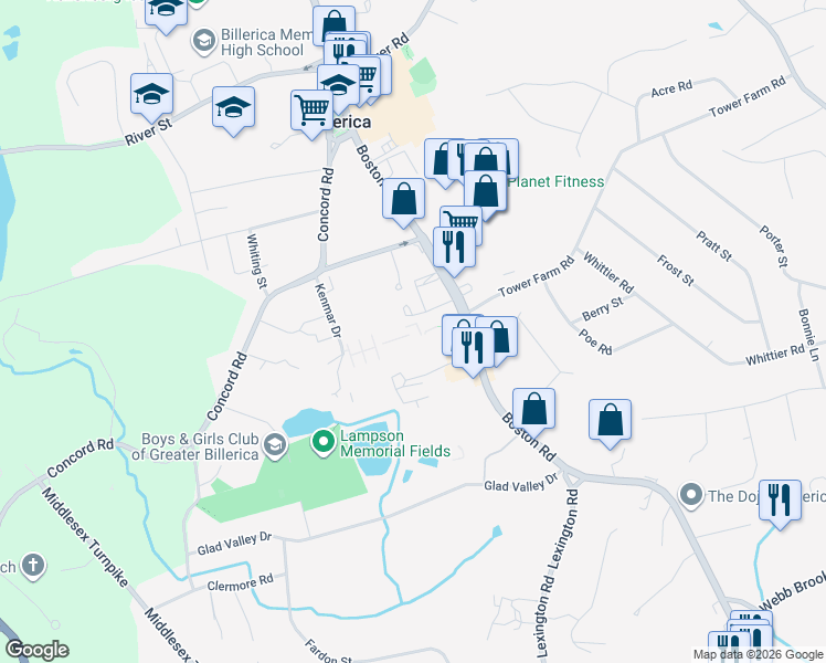 map of restaurants, bars, coffee shops, grocery stores, and more near 20 Kenmar Drive in Billerica