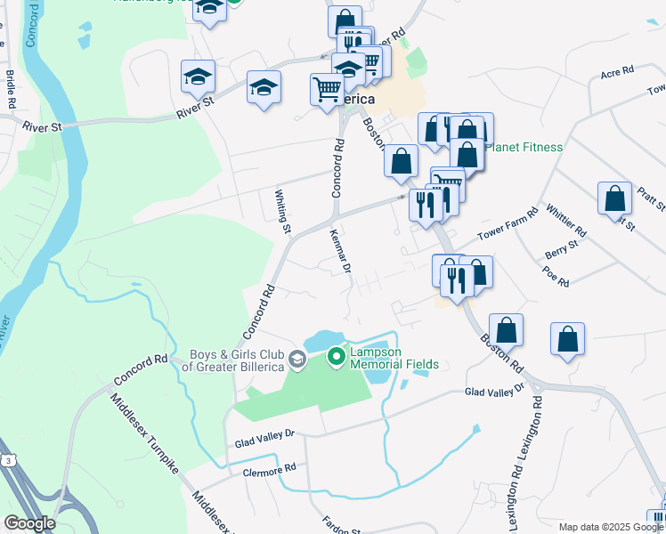 map of restaurants, bars, coffee shops, grocery stores, and more near 2 Mitchell Road in Billerica
