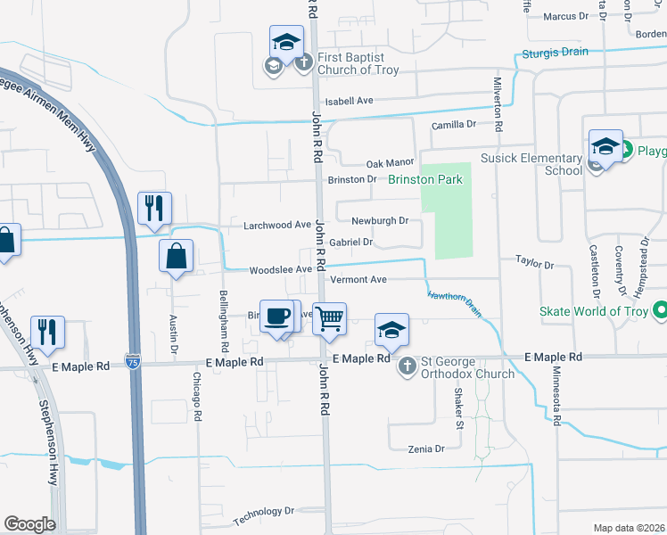 map of restaurants, bars, coffee shops, grocery stores, and more near 1817 Vermont Drive in Troy
