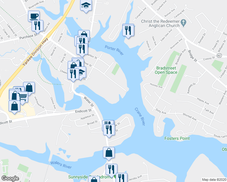 map of restaurants, bars, coffee shops, grocery stores, and more near 2 River Drive in Danvers