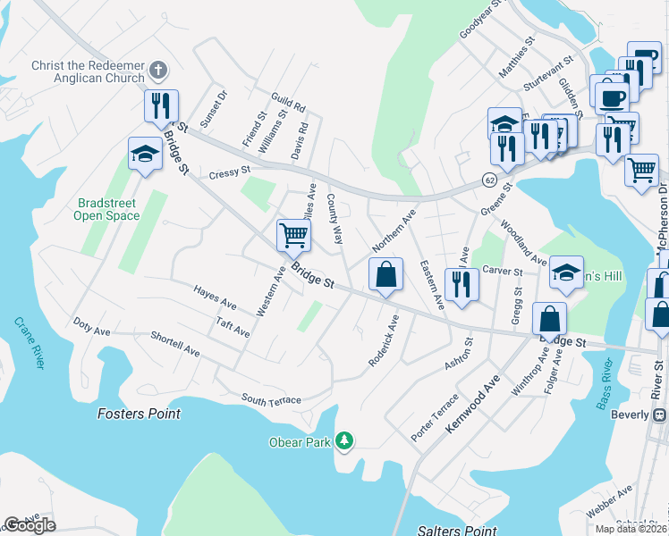 map of restaurants, bars, coffee shops, grocery stores, and more near in Beverly