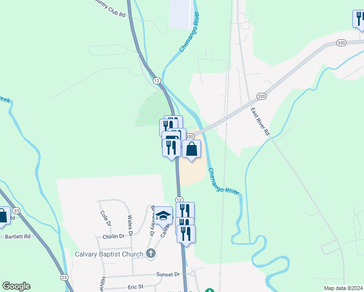 map of restaurants, bars, coffee shops, grocery stores, and more near 6162 New York 12 in Norwich