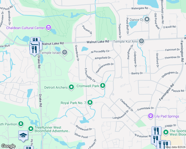 map of restaurants, bars, coffee shops, grocery stores, and more near 5486 South Piccadilly Circle in West Bloomfield Township