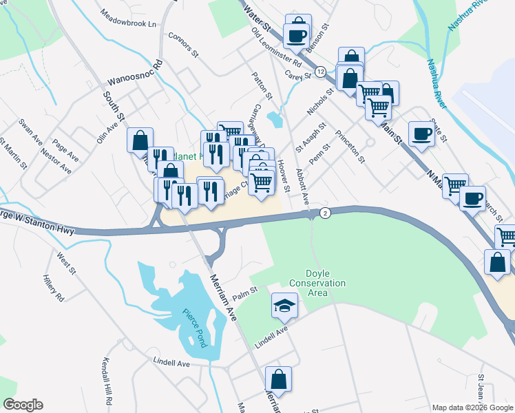 map of restaurants, bars, coffee shops, grocery stores, and more near 975 Merriam Avenue in Leominster