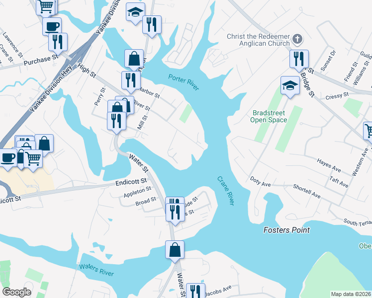 map of restaurants, bars, coffee shops, grocery stores, and more near 8 River Drive in Danvers