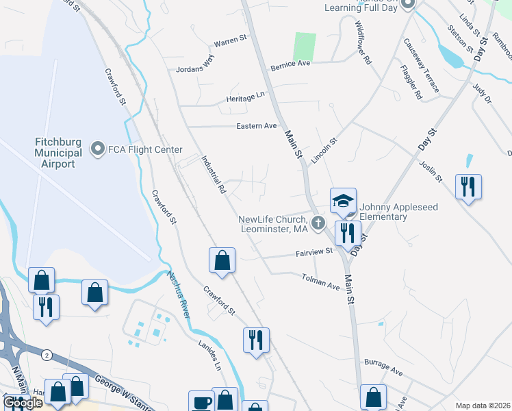 map of restaurants, bars, coffee shops, grocery stores, and more near 59 Keystone Drive in Leominster
