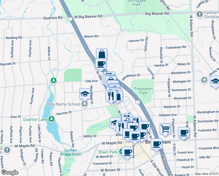 map of restaurants, bars, coffee shops, grocery stores, and more near 660 North Old Woodward Avenue in Birmingham