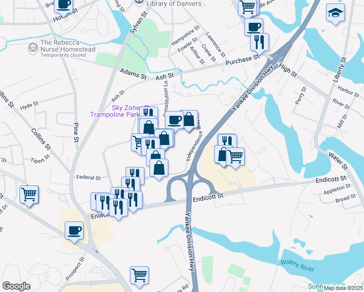 map of restaurants, bars, coffee shops, grocery stores, and more near 240 Independence Way in Danvers