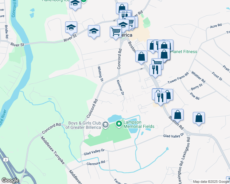 map of restaurants, bars, coffee shops, grocery stores, and more near 3 Karen Circle in Billerica