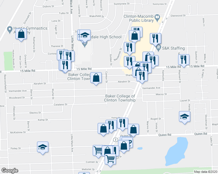 map of restaurants, bars, coffee shops, grocery stores, and more near 21113 Vermander Avenue in Charter Township of Clinton