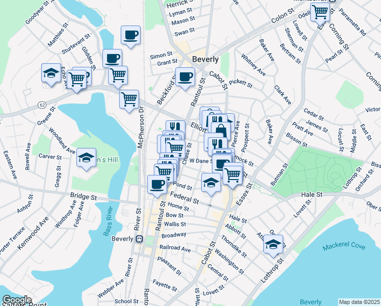 map of restaurants, bars, coffee shops, grocery stores, and more near 24 West Dane Street in Beverly