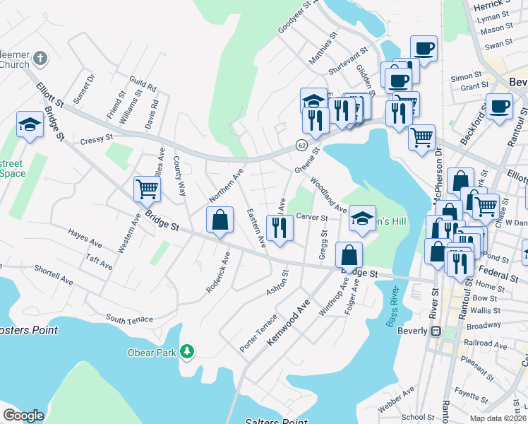 map of restaurants, bars, coffee shops, grocery stores, and more near 25 Eastern Avenue in Beverly