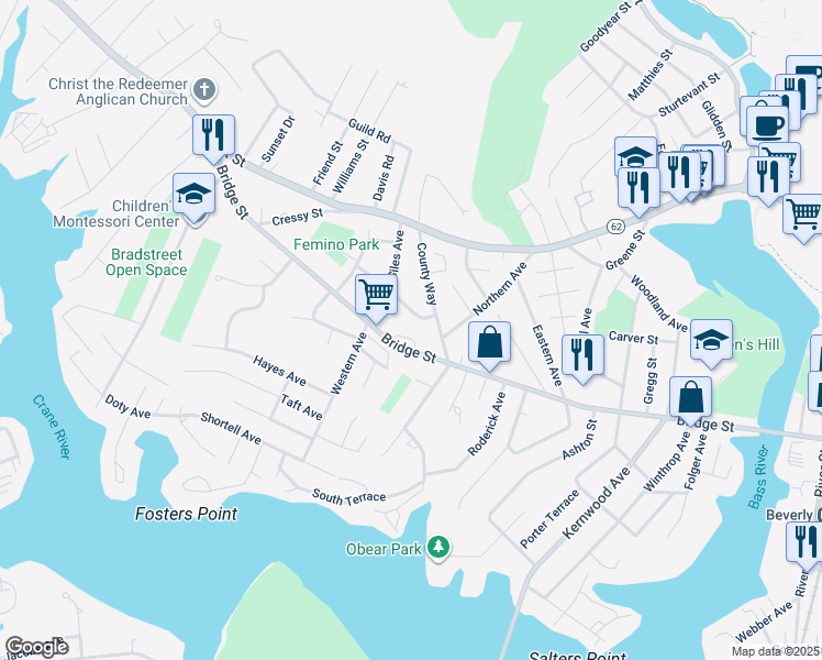 map of restaurants, bars, coffee shops, grocery stores, and more near 138 Bridge Street in Beverly