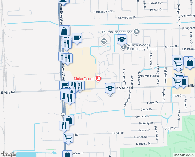 map of restaurants, bars, coffee shops, grocery stores, and more near 35100 Tiffany Drive in Sterling Heights