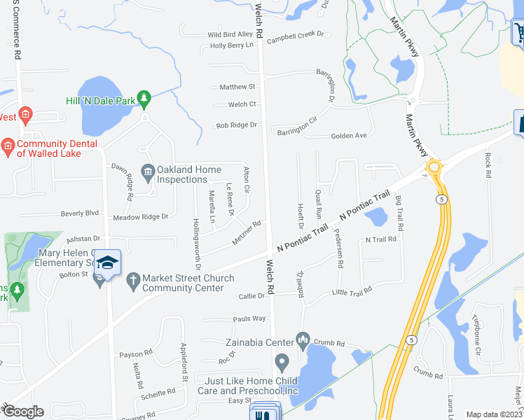 map of restaurants, bars, coffee shops, grocery stores, and more near 1973 Welch Road in Walled Lake