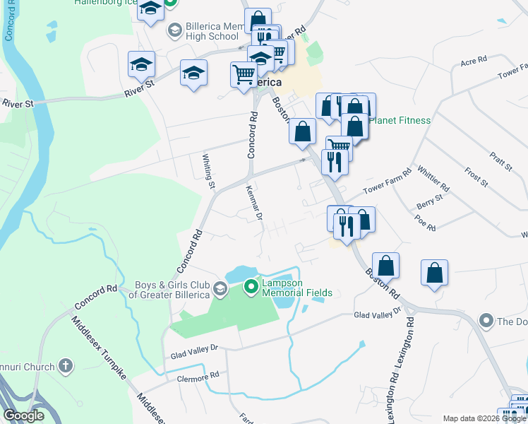 map of restaurants, bars, coffee shops, grocery stores, and more near 4 Kenmar Drive in Billerica
