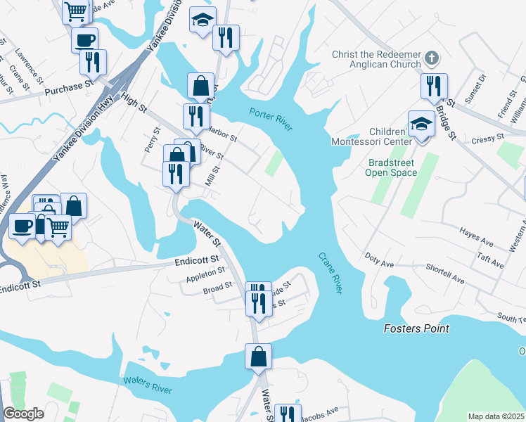 map of restaurants, bars, coffee shops, grocery stores, and more near 4 McDewell Avenue in Danvers