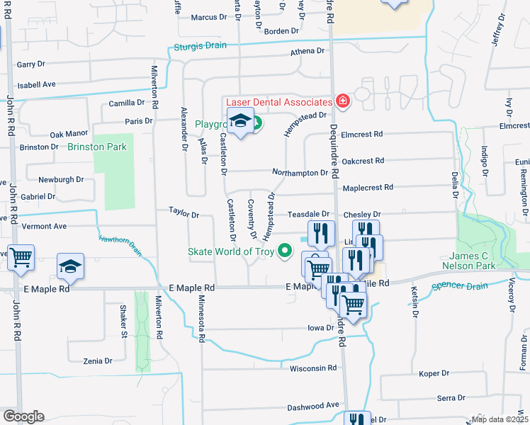 map of restaurants, bars, coffee shops, grocery stores, and more near 1767 Hempstead Drive in Troy