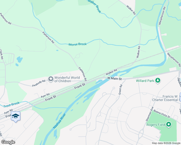 map of restaurants, bars, coffee shops, grocery stores, and more near 76 Peabody Road in Shirley