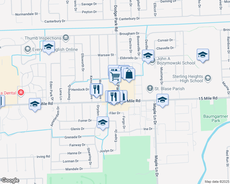 map of restaurants, bars, coffee shops, grocery stores, and more near 11541 15 Mile Road in Sterling Heights