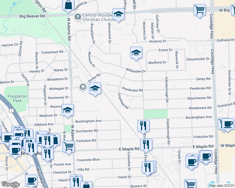 map of restaurants, bars, coffee shops, grocery stores, and more near 1654 Graefield Road in Birmingham