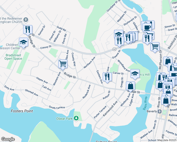 map of restaurants, bars, coffee shops, grocery stores, and more near 37 Hillside Avenue in Beverly