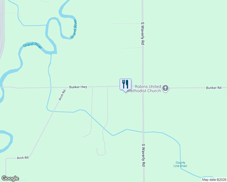 map of restaurants, bars, coffee shops, grocery stores, and more near 11784 Bunker Highway in Eaton Rapids