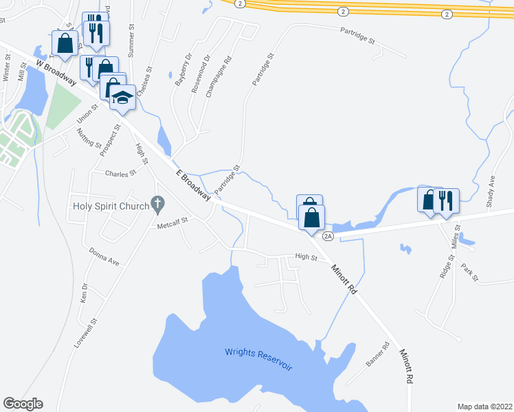 map of restaurants, bars, coffee shops, grocery stores, and more near 256 East Broadway in Gardner