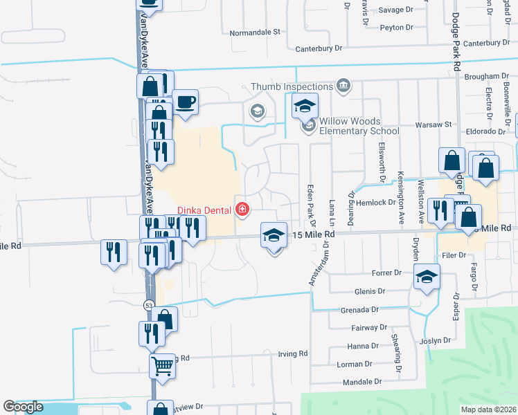 map of restaurants, bars, coffee shops, grocery stores, and more near 8771 15 Mile Road in Sterling Heights