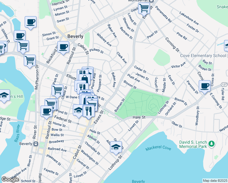 map of restaurants, bars, coffee shops, grocery stores, and more near 52 Essex Street in Beverly