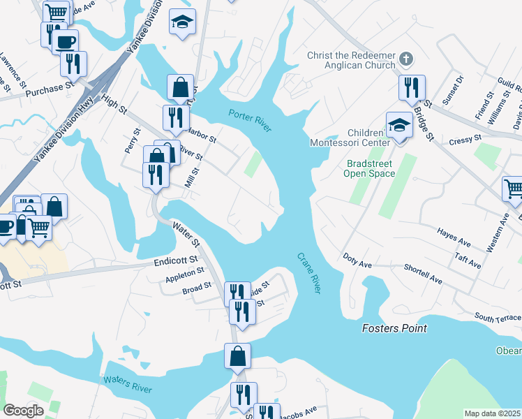 map of restaurants, bars, coffee shops, grocery stores, and more near 57 River Street in Danvers
