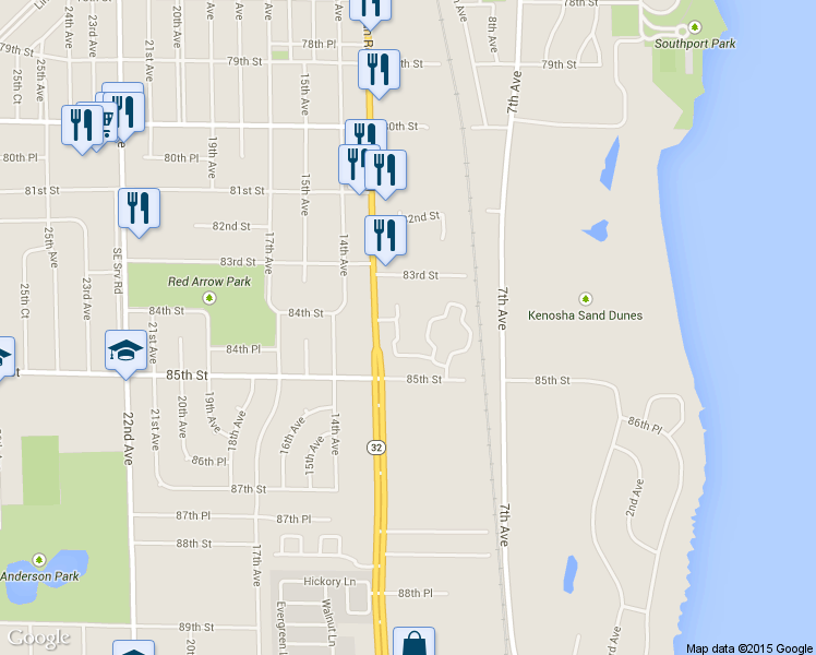 map of restaurants, bars, coffee shops, grocery stores, and more near 920 85th Street in Kenosha