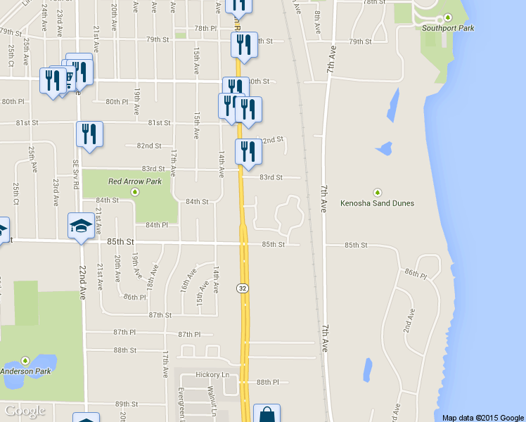 map of restaurants, bars, coffee shops, grocery stores, and more near 8351 Sheridan Road in Kenosha