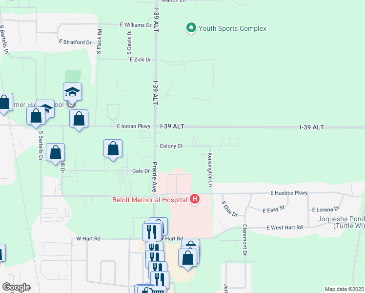 map of restaurants, bars, coffee shops, grocery stores, and more near 1976 Colony Court in Beloit