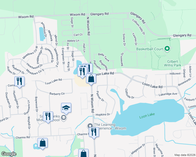 map of restaurants, bars, coffee shops, grocery stores, and more near 2103 Palmer Drive in Wixom