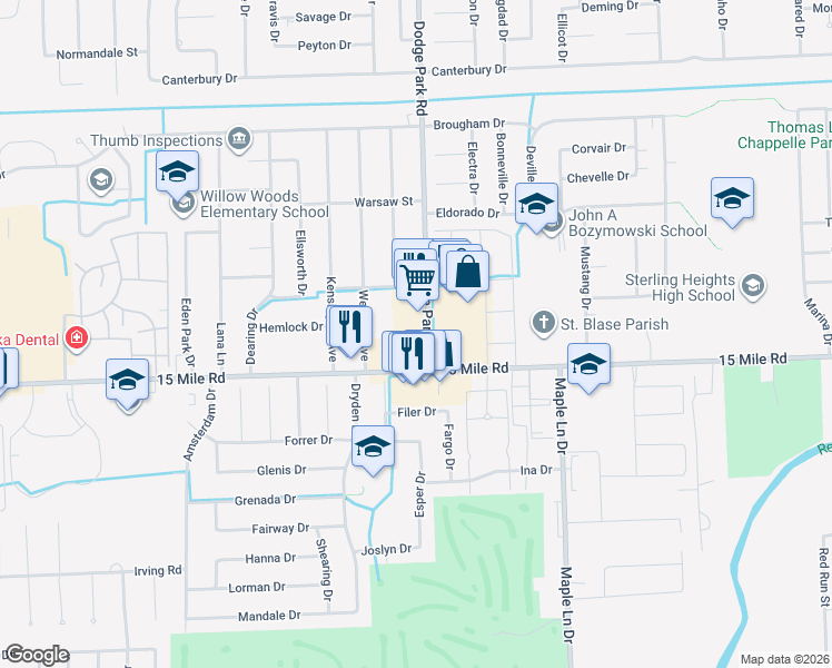 map of restaurants, bars, coffee shops, grocery stores, and more near 11541 15 Mile Road in Sterling Heights
