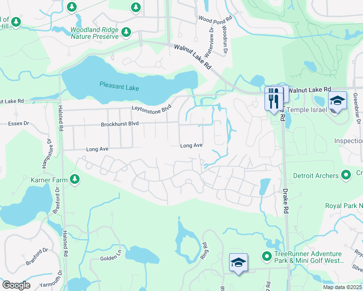 map of restaurants, bars, coffee shops, grocery stores, and more near 6290 Long Avenue in West Bloomfield Township