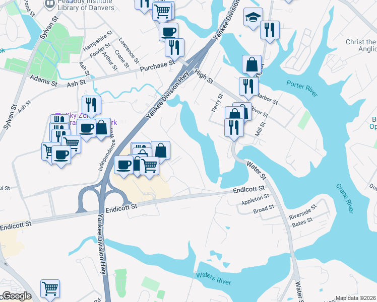 map of restaurants, bars, coffee shops, grocery stores, and more near 45 Clinton Avenue in Danvers
