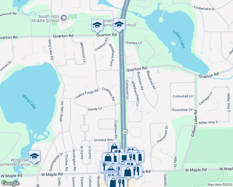 map of restaurants, bars, coffee shops, grocery stores, and more near 4115 Pomona Colony Street in Bloomfield Hills