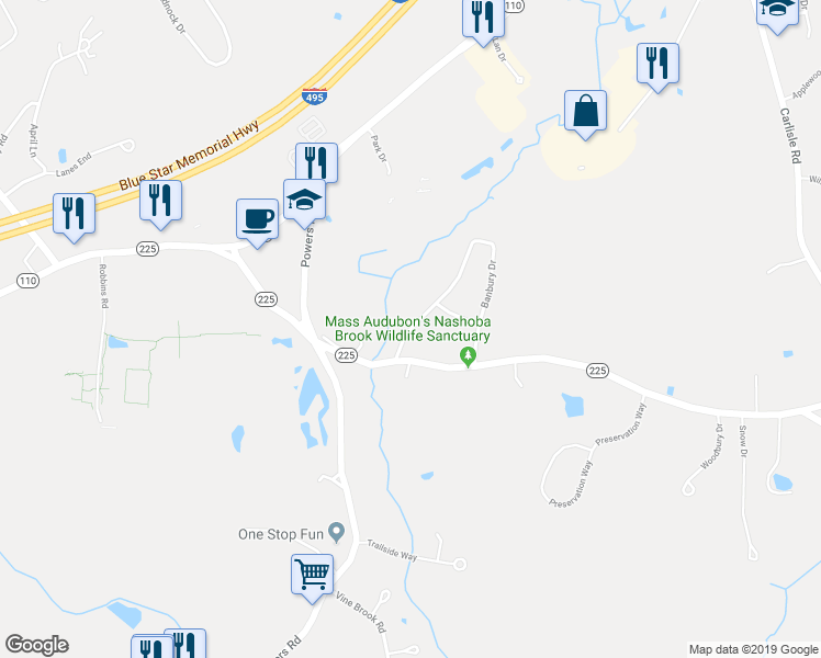 map of restaurants, bars, coffee shops, grocery stores, and more near 15 Banbury Drive in Westford