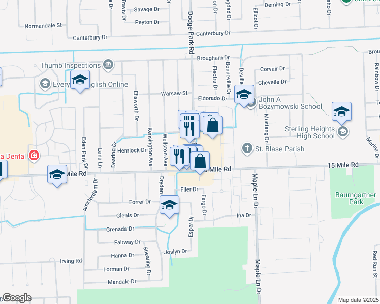 map of restaurants, bars, coffee shops, grocery stores, and more near 35219 Dodge Park Road in Sterling Heights