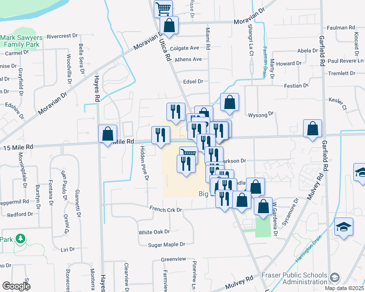 map of restaurants, bars, coffee shops, grocery stores, and more near 15820 15 Mile Road in Fraser