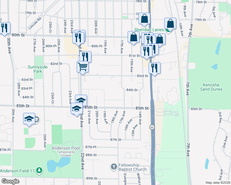 map of restaurants, bars, coffee shops, grocery stores, and more near 8329 17th Avenue in Kenosha